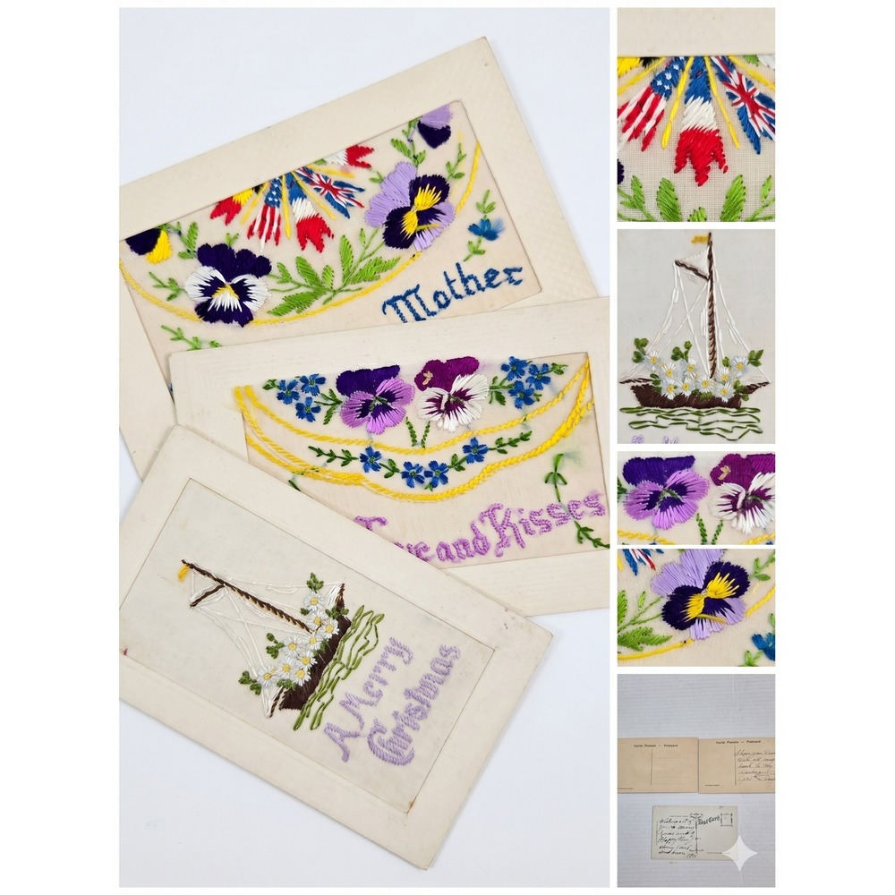 Lot 3 Vintage WWI French Silk Postcards Embroidered Mother Christmas Allied Flag